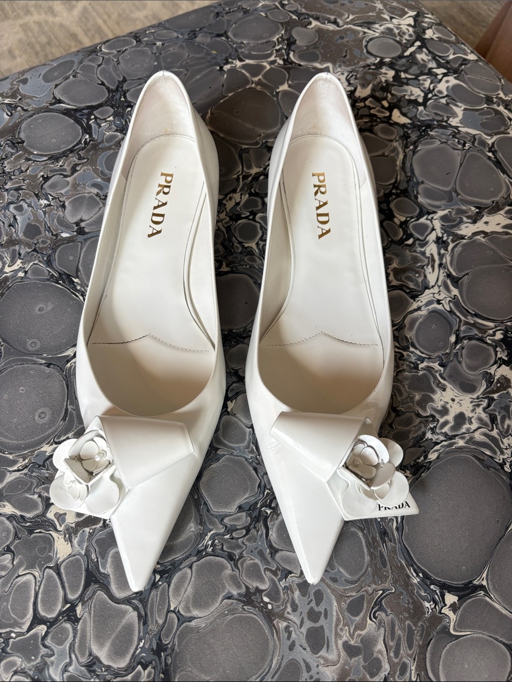 Prada White Patent Pointed-Toe Floral Accent Flats